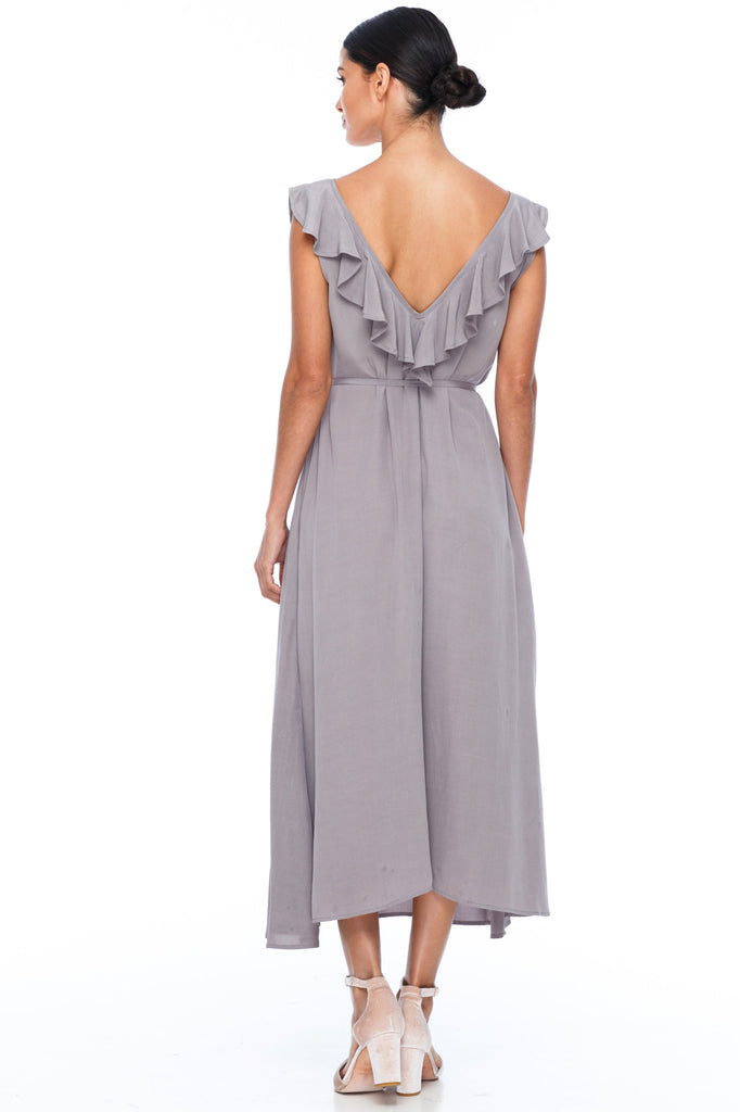 deep v ruffled neckline bridesmaids dress