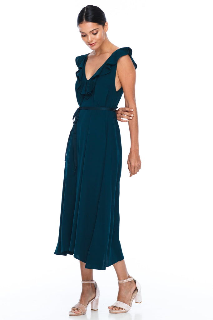 deep v ruffled neckline bridesmaids dress
