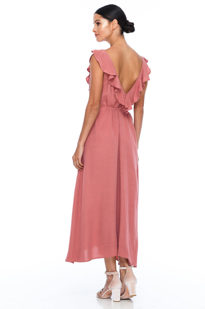 deep v ruffled neckline bridesmaids dress