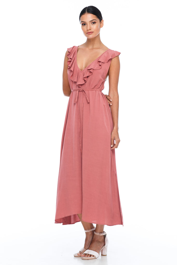 deep v ruffled neckline bridesmaids dress