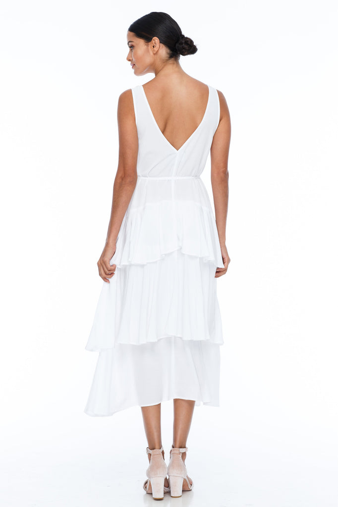 BLAK BRIDESMAIDS - Frida Dress - white - A flowy layered skirt a low v-neckline front and back - Midi Length - Image shows back view