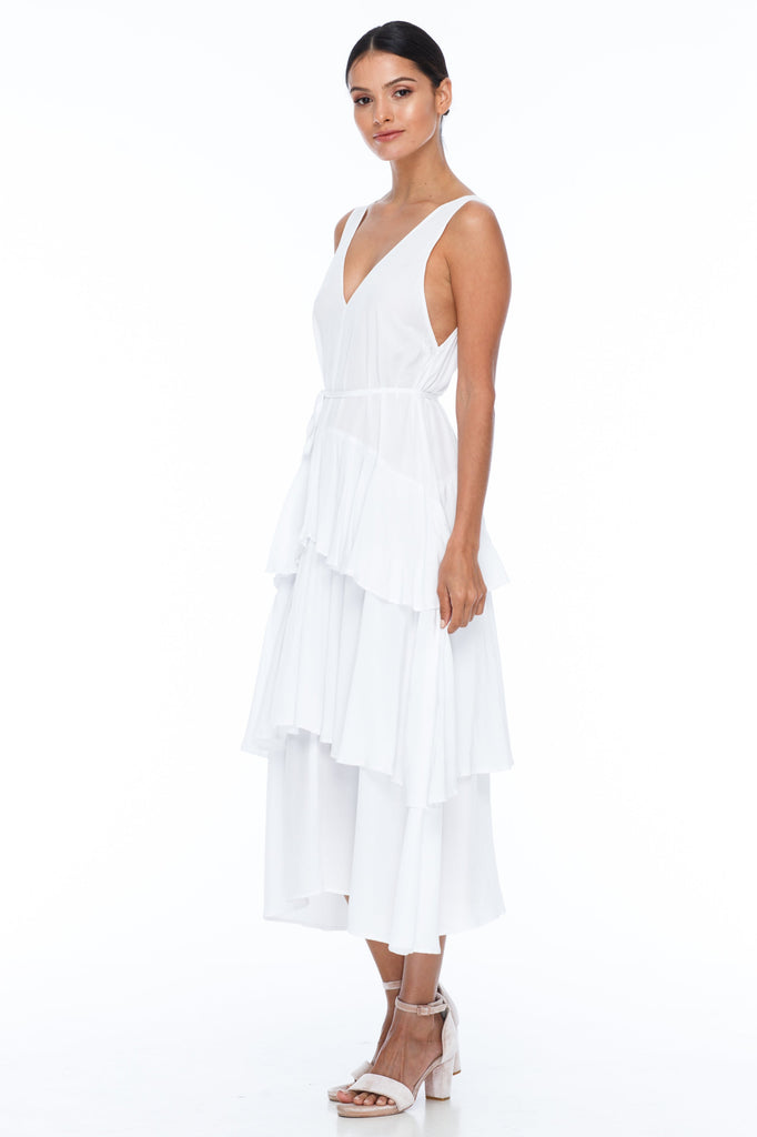 A Blak Bridesmaid Dress - Frida Dress - white - A flowy layered skirt a low v-neckline front and back - Midi Length - Image shows side view